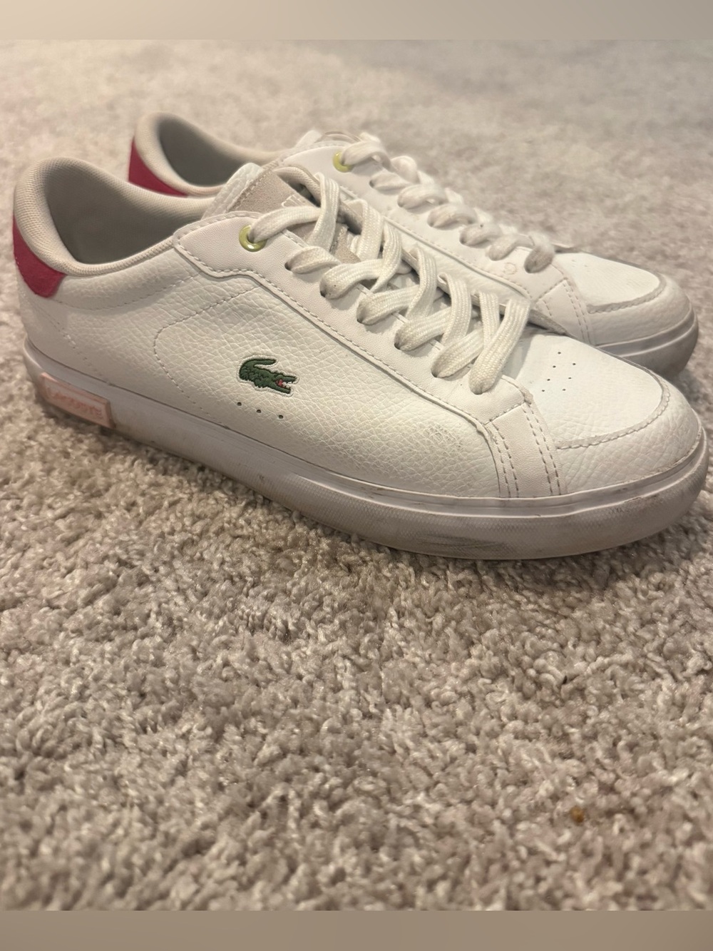 Lacoste White Leather Sneakers with Pink Heel and Green Logo